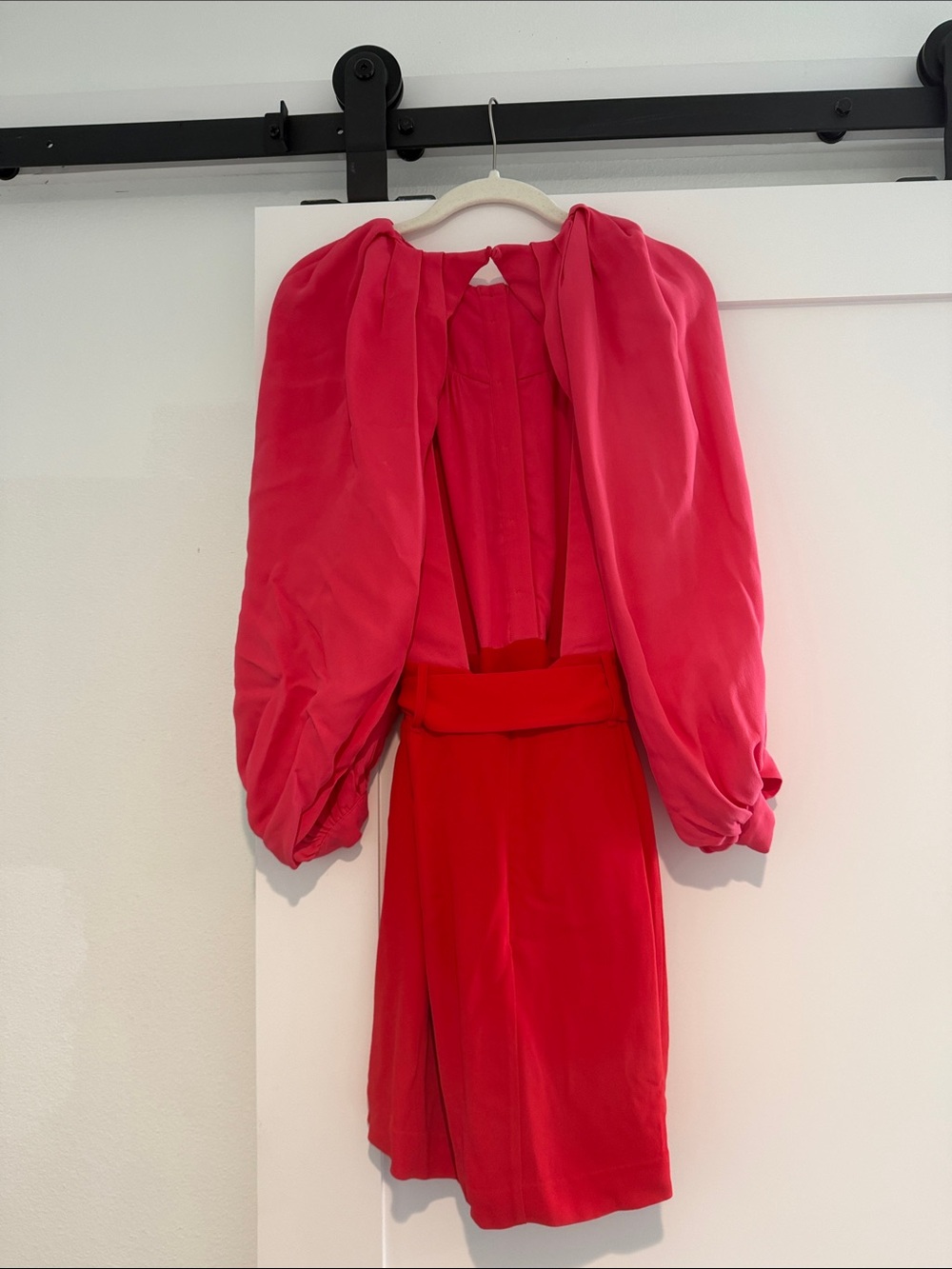 Reiss Two-Tone Pink and Red Long-Sleeve Belted Dress - Picture 6 of 7